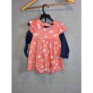 Picapino 12M Baby Girls 2 Piece Set Pink Heart Dress & Denim Jacket NWT